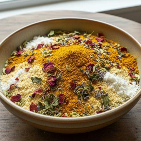 Earthy Tones 9 Turmeric & Rose ubtan powder mixture in a bowl. 
