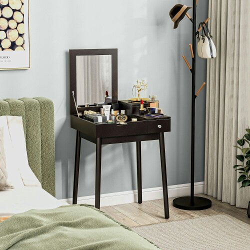 Wyld Haus Sinotti Black Dressing Table With Flip Up Mirror 2 Drawers And Wood Legs