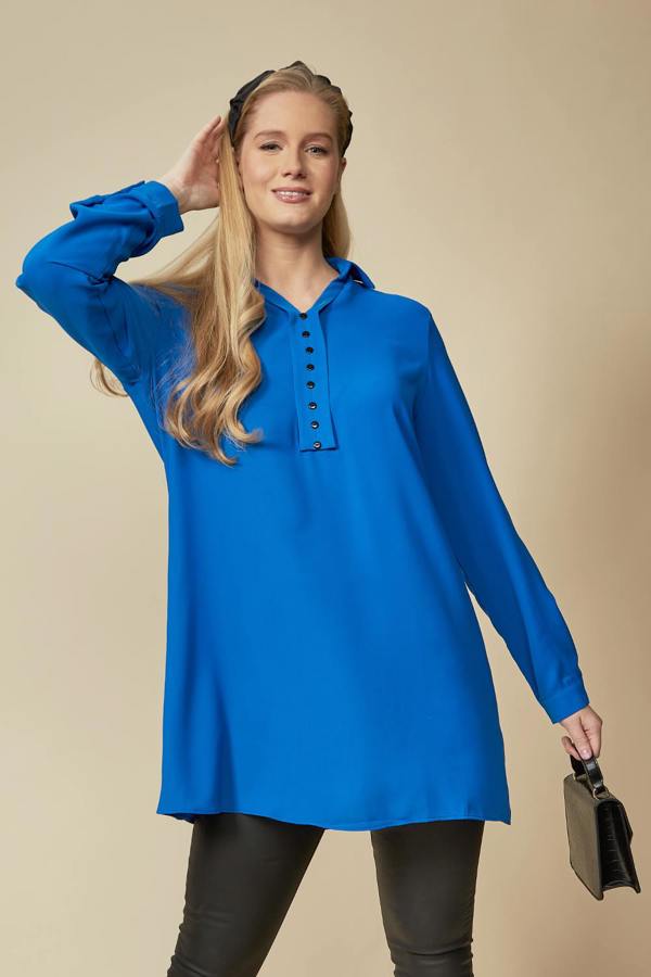 Hoxton Gal Tunic Shirt with Button Details in Blue