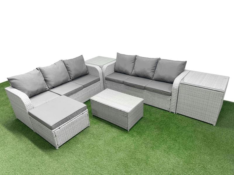 Fimous 7 Seater Garden Set, Wicker Rattan, Coffee Table, High Back Lounge Sofa, Big Footstool and 2 Side Tables, Light Grey