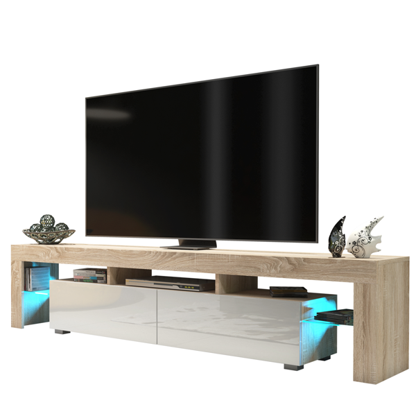 Mex Furniture Sleek 200cm Modern TV Unit  Cabinet Stand Oak High Gloss White Doors & Free LED Lights