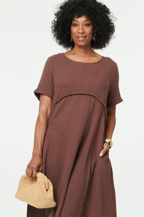 Brown | Mesh Layered Textured Midi Dress