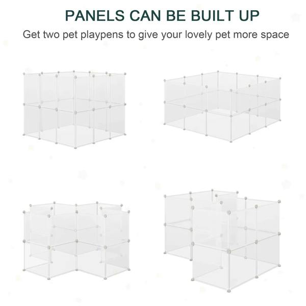 Expandable white plastic pet playpen with stacked panel sections for larger enclosure