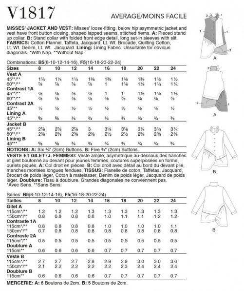Vogue Sewing Pattern 1817, Jackets, Waistcoats for Women, B5 (8-10-12-14-16) - Intermediate