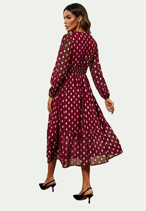 FS Collection Lace Trim Foil Long Sleeve Maxi Dress In Wine