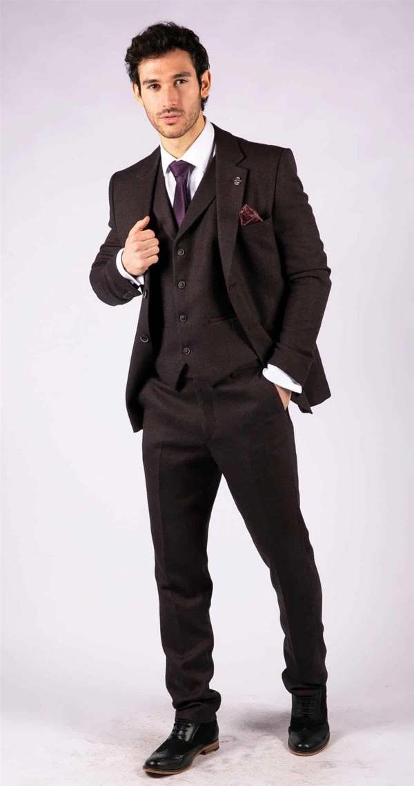 TruClothing Mens Purple Plum 3 Piece Tweed Herringbone Suit Peaky Blinders Classic Tailored