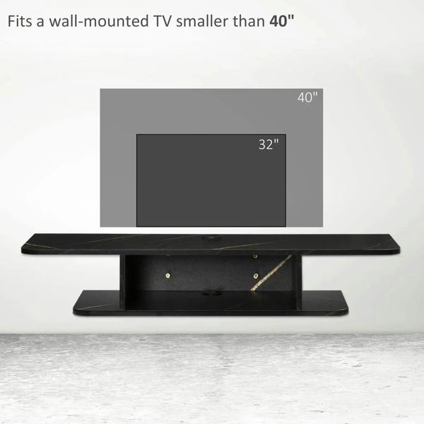 Black floating TV console with two-tier shelves for wall mounting
