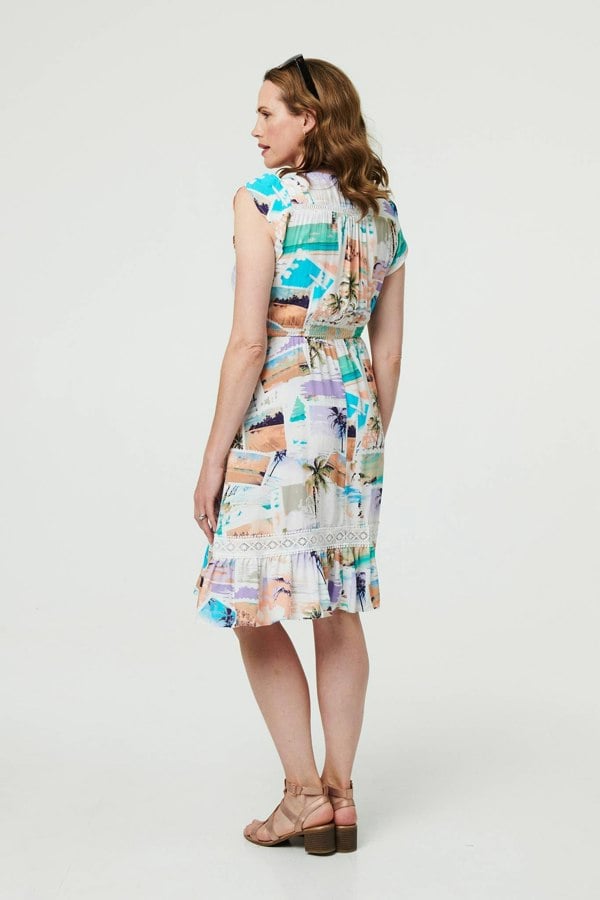 White | Patchwork Print Lace Knee Length Dress
