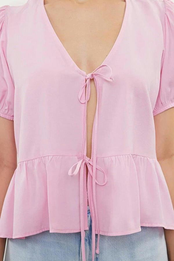WOVCOR Tie Front V-Neck Short Sleeve Woven Shirt