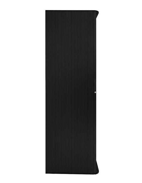 Sleek black Tambour shower door with vertical ribbed texture, designed for modern bathrooms, offering a stylish and functional entryway