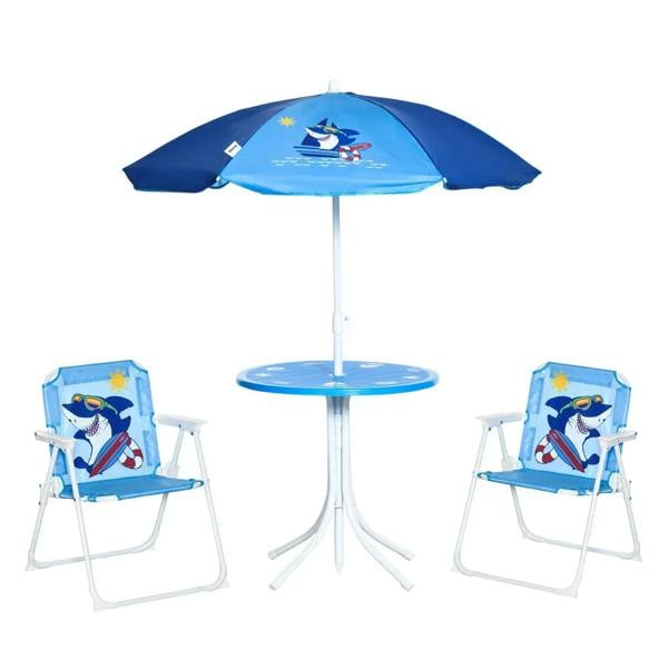 Kids blue bistro table and chair set with folding shark sun umbrella