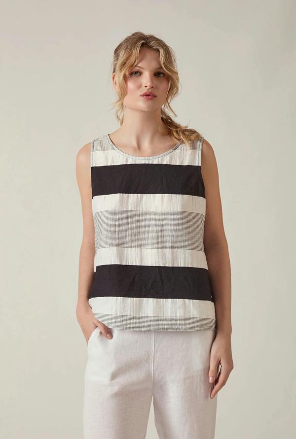 James Lakeland Striped Linen Blend Sleeveless Button-Back Top