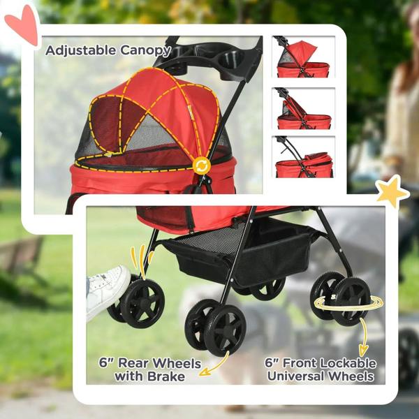 Red dog stroller showing rear brake wheels and front lockable universal wheels