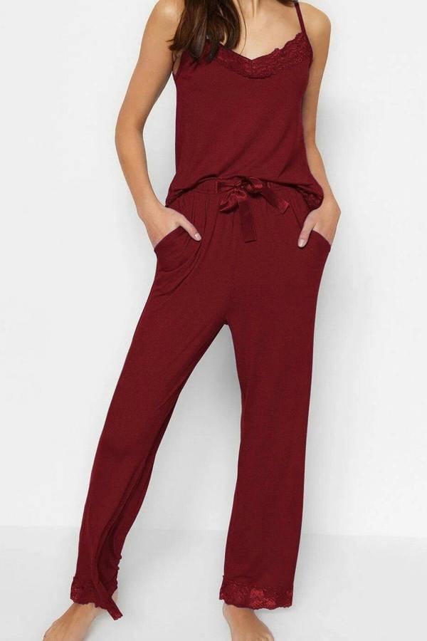 WOVCOR 2-Piece Viscose Knit Pajama Set with Lace and Ribbon Details