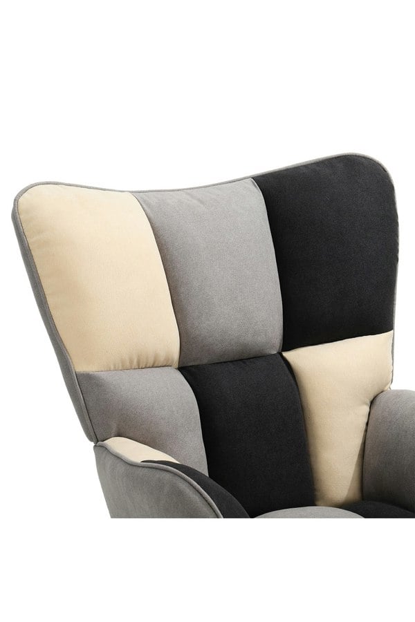 Living and Home Beige Grey Black Check Tufted Linen Patchwork Rocking Chair