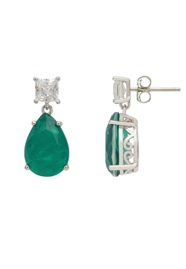 Pair of earrings with green gemstones and silver settings on a white background