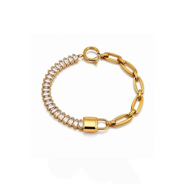 A gold-plated chain bracelet featuring a textured, spiral section set with small clear stones and a padlock charm, displayed on a clean white background.
