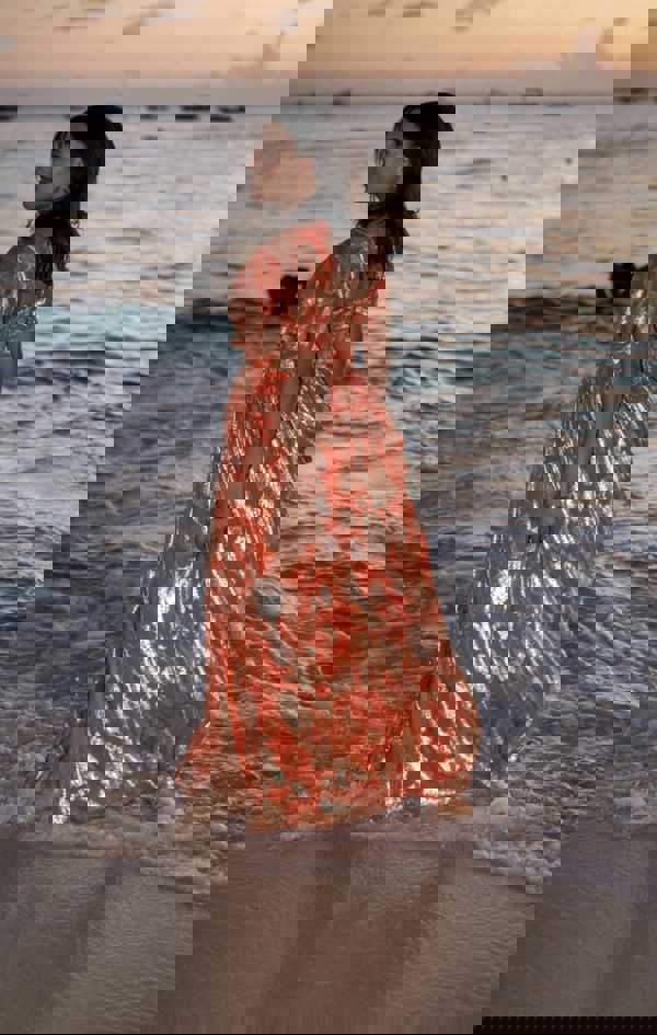 Gini London Orange Metallic Jacquard Flutter Sleeves Floral Maxi Dress