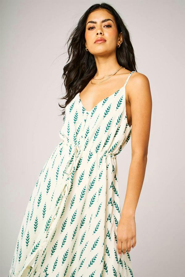 FS Collection Green Leaf Print Button Down High Low Strappy Dress In White