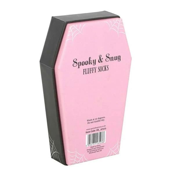 Back of pink coffin gift box for Spooky & Snug fluffy socks