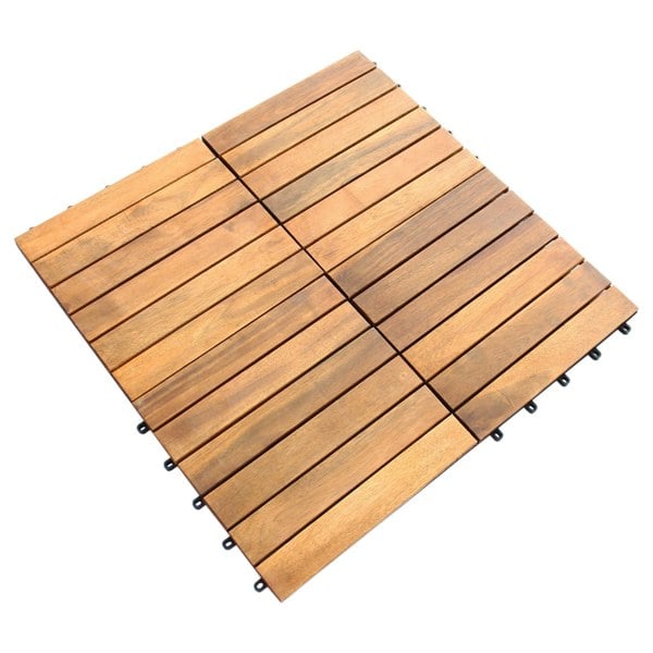 Natural wooden decking tiles with a rich brown finish, featuring interlocking edges and a smooth, textured surface for outdoor use