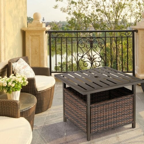 Wyld Haus Lalema Rattan Brown Square Outdoor Coffee Table With Umbrella Hole And Slatted Top