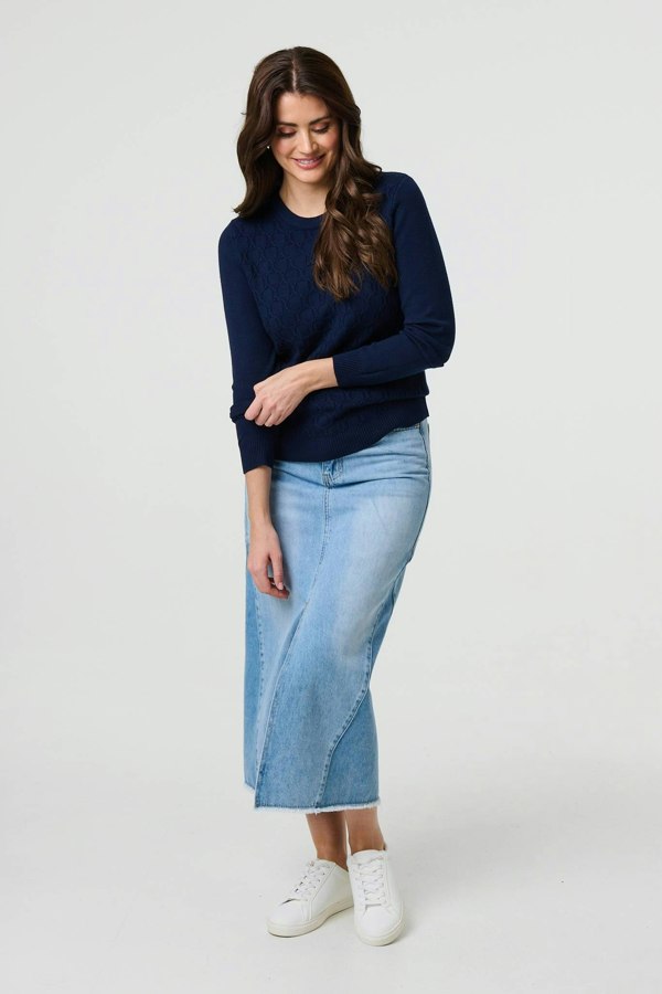 Navy | Textured Knit Long Sleeve Jumper
