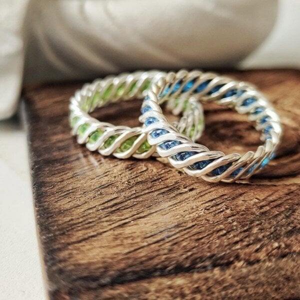 The Colourful Aura 925 Silver Green & Blue Link Chain Stacking Band Adjustable Ring