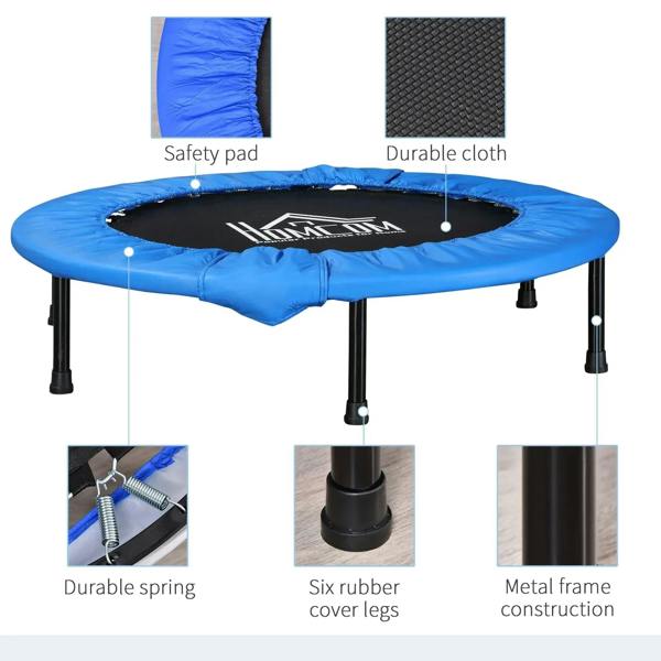 Blue mini trampoline with black jumping mat, padded safety pad, and metal frame legs