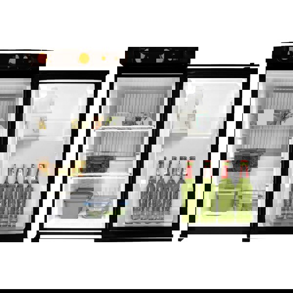 3-Way Absorption Fridge with a sleek black exterior, spacious shelves, and organized compartments for beverages and food storage