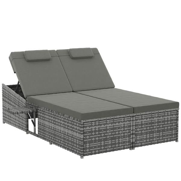 Grey two-seater rattan day bed with two padded back cushions on a woven base