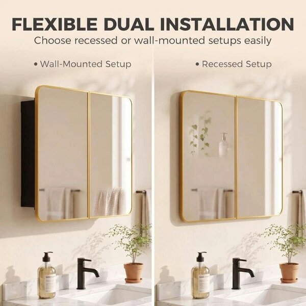 76.2 x 11.6 x 61 cm Bathroom Mirror Cabinet, Wall Cabinet with Adjustable Shelves, Wall-Mounted or Recessed, Gold Tone