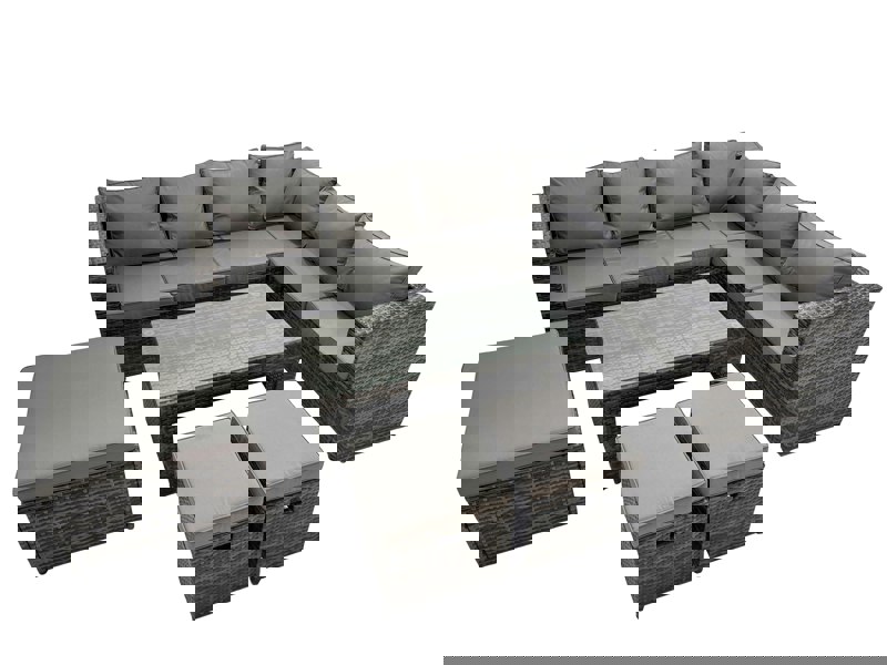 Fimous Outdoor Rattan Oblong Coffee Table Corner Sofa Sets Garden Furniture Set with 3 Stools Dark Grey Mixed