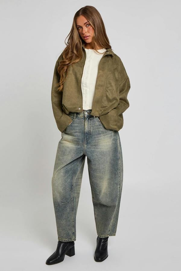 Urban Bliss Faux-Suede Khaki Collared Bubble Hem Jacket