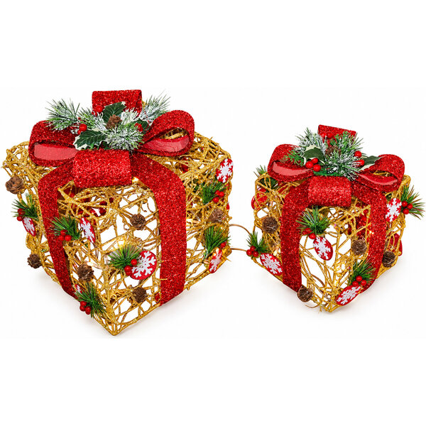 Set of 2 Light Up Gold Rattan Christmas Parcels with Red Bows, 25 White LED Lights, Battery Powered Chain Decoration for Tree or Fireplace Display