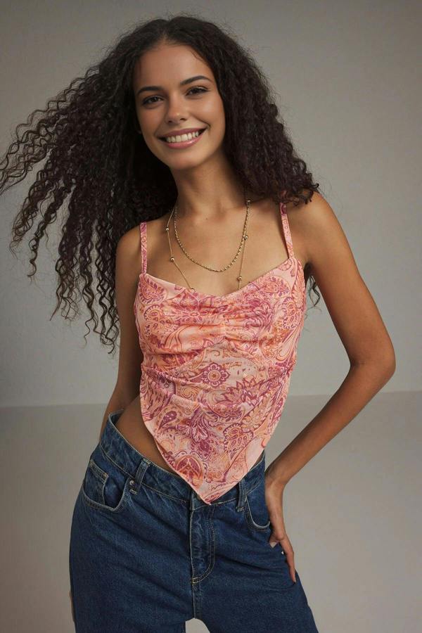 WOVCOR Printed Back Cross Asymmetrical Knit Blouse