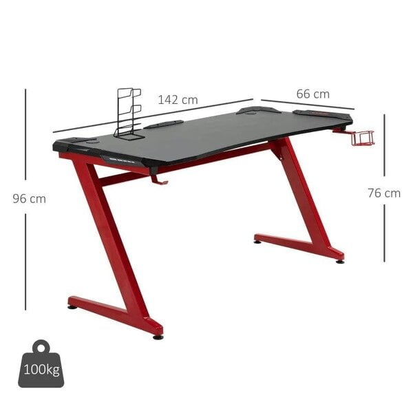 142 x 66 cm Gaming Desk, Carbon Fibre Covered Computer Desk, Gamer Workstation - Headphone Hook, Cup Holder & Gamepad Storage Rack