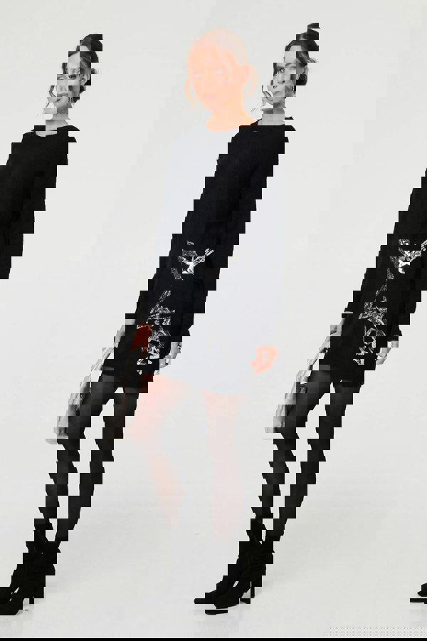 Black | Sequin Star Long Sleeve Knit Short Dress
