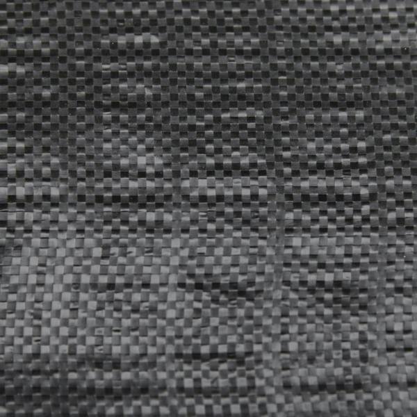 Close-up of black nonwoven weed control fabric texture with cross-hatched pattern