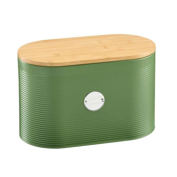 Cooks Professional Bread Bin, Linen Bag and Bamboo Board Set | Green / Silver