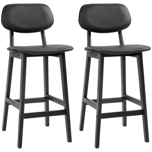 Set of two black bar stools with curved faux-leather seats and four-legged wooden frames