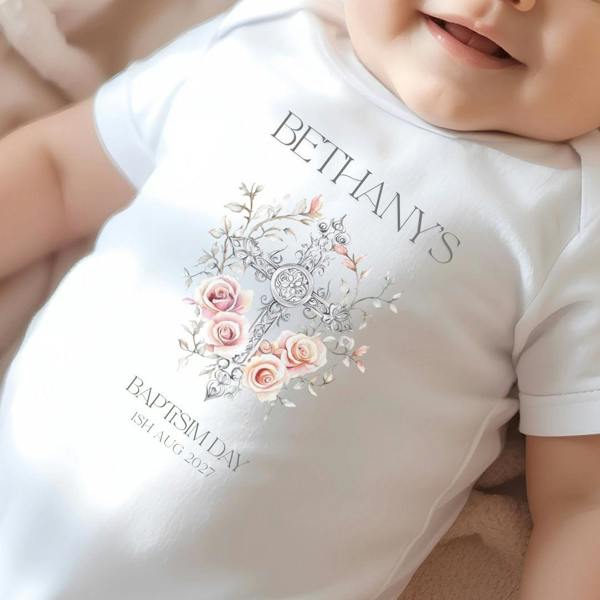 Personalised Floral Cross Christening Baby Grow, Vest or Bib with Name