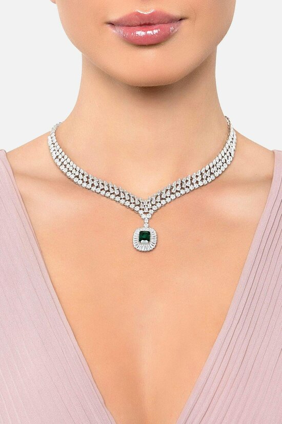 Latelita Countess Statement Emerald Necklace Silver