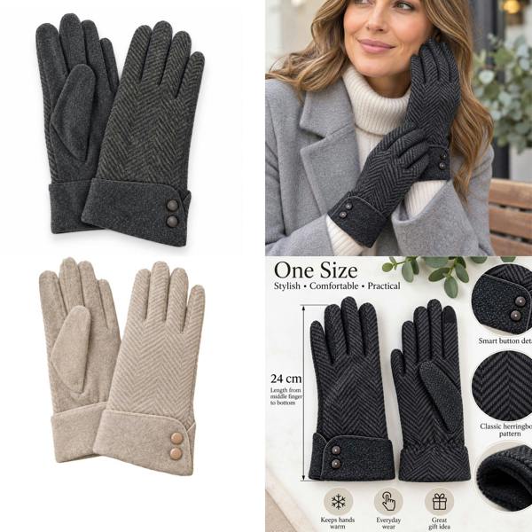 Love EMVY Ladies Herringbone Button Cuff Winter Gloves