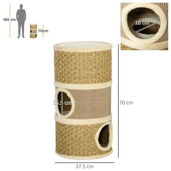 Cat scratching barrel tower with two side doorways and a plush top