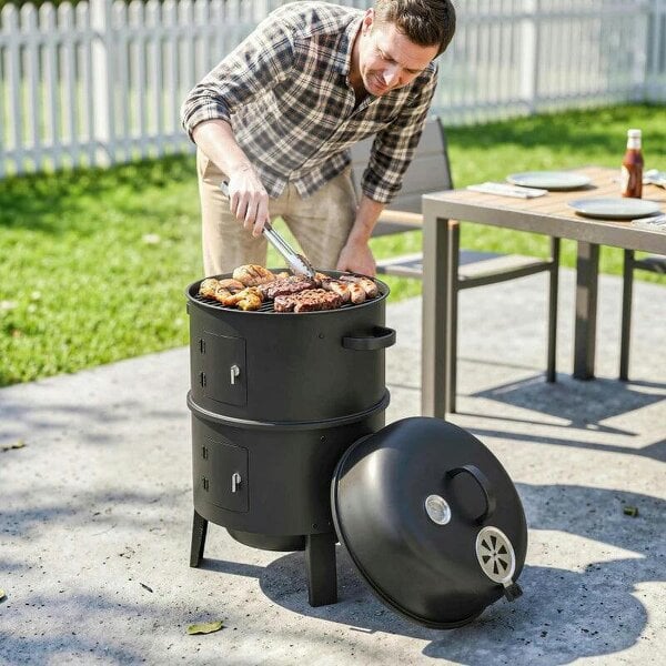 3-in-1 Vertical Charcoal Smoker with 2 Grill Grates, Built-in Thermometer, Adjustable Vent, 2 Doors - Black