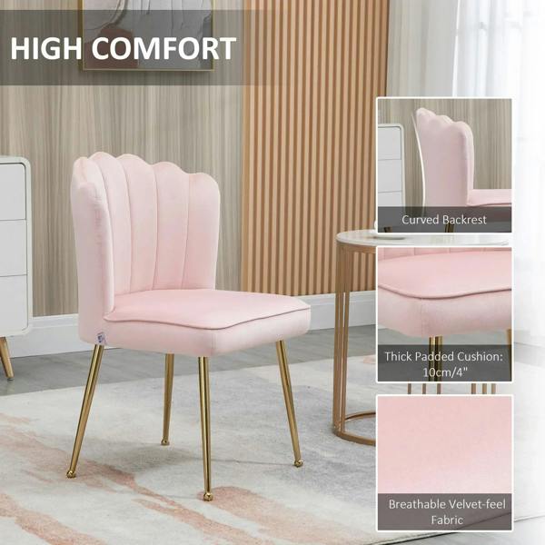 Pink accent chair with curved shell back, thick padded seat, and gold metal legs