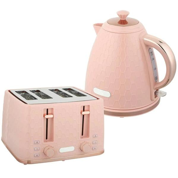 Light pink electric kettle and 4-slice toaster set with control knobs and lever