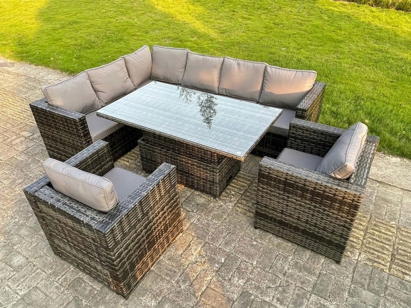 Fimous Dark Mixed Grey Outdoor Rattan Garden Furniture Sofa Set Rising Adjustable Dining Or Coffee Table 2 Chairs Patio Furniture Left Corner