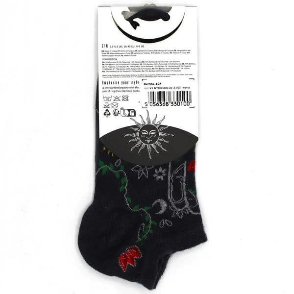 Black low-cut bamboo socks with detailed multicolor pattern at ankle and toe